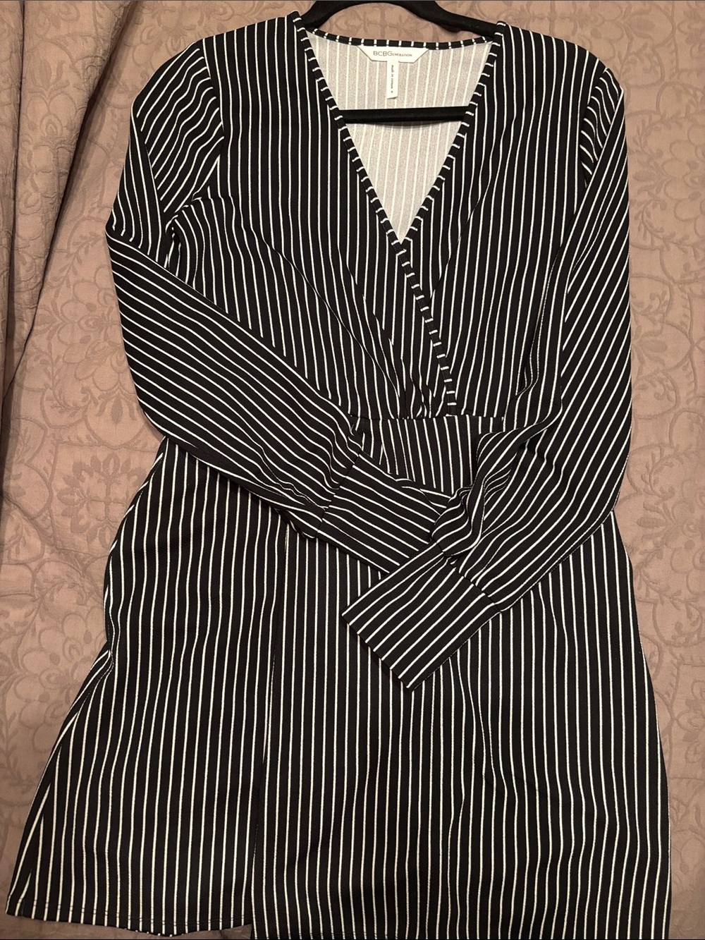 BCBGeneration Black and White Vertical Stripe Long-Sleeve Wrap Dress